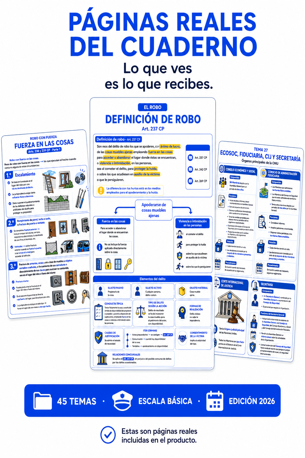 Páginas reales incluidas en el Cuaderno Visual Policía Nacional de 45 temas
